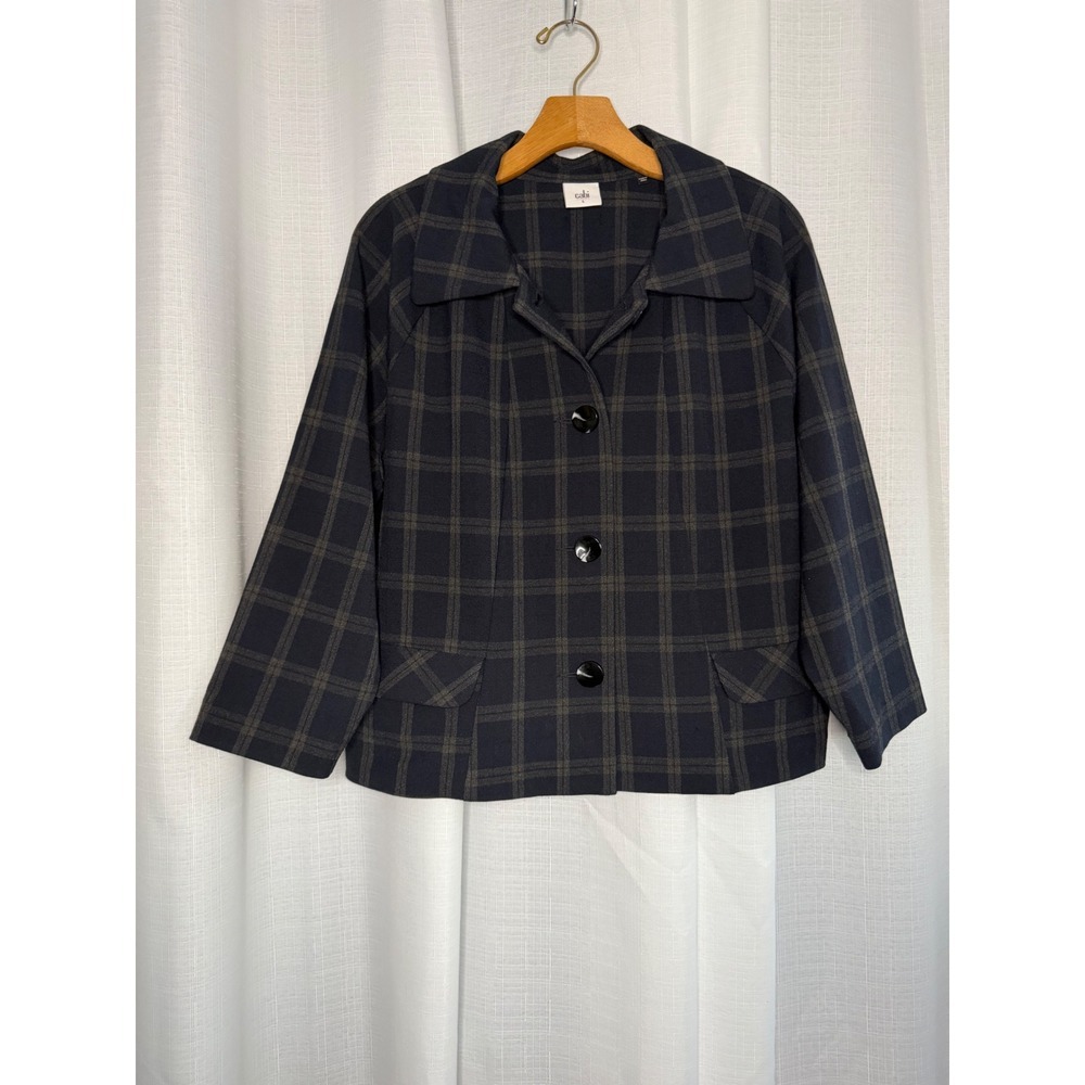Cabi Plaid Button Front Jacket Size L Navy Olive Green Check Preppy Classic